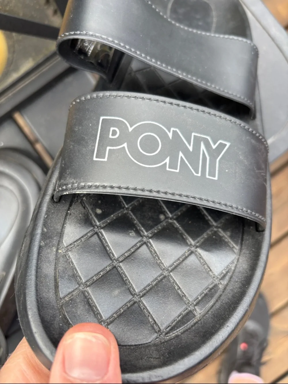 Pony Black Quilted Strap Slide Sandals